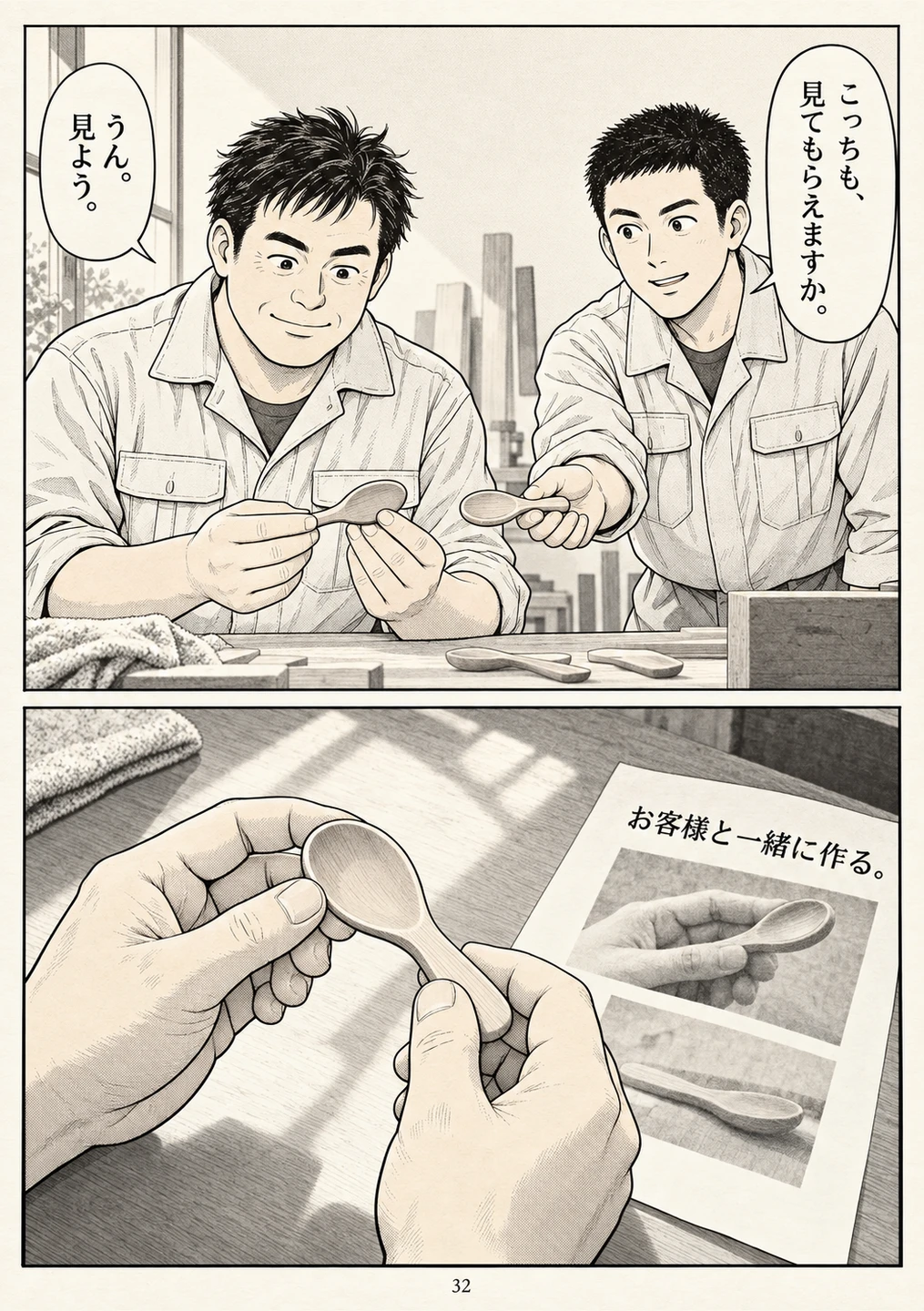 第32ページ。本編のラスト。仕事の続く主人公の手と、テーマの一行。